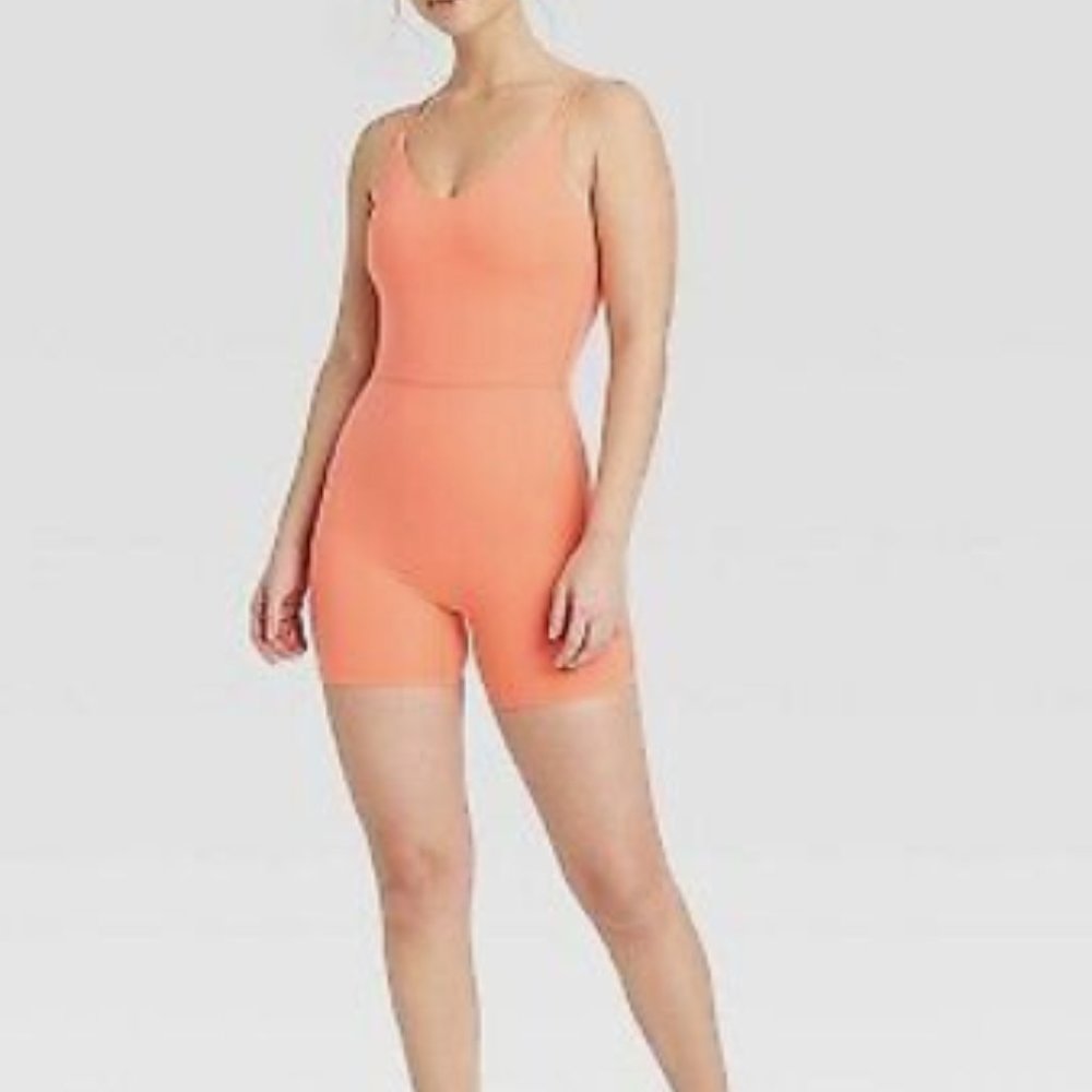 NWT Women's Brushed Sculpt Short Bodysuit - All in Motion Coral Pink